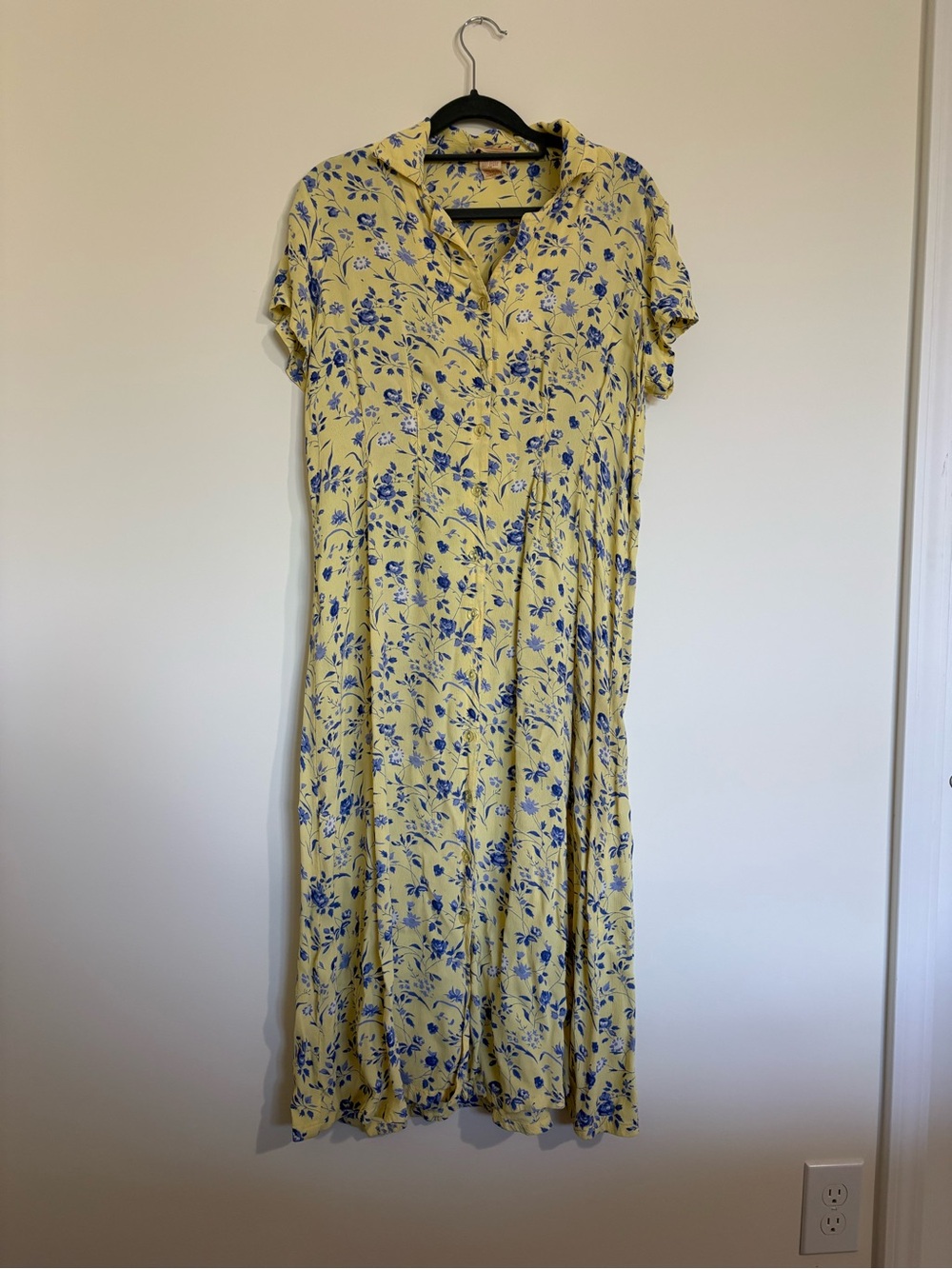 Vintage 90a April Cornell Yellow Maxi Dress with Blue Floral Print - Picture 9 of 13